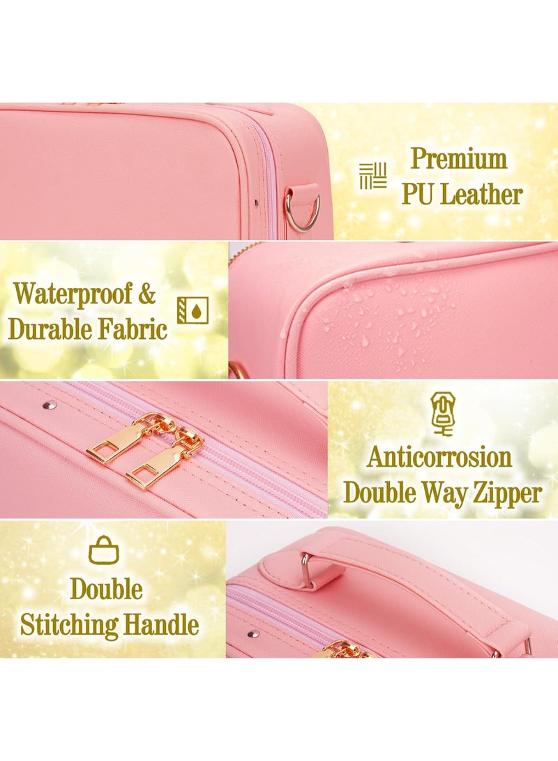 DubaiGallery صندوق تنظيم المكياج مع مرآة بإضاءة LED، حقيبة تخزين مستحضرات تجميل واسعة مع فواصل قابلة للتعديل، حقيبة تجميل سفر متينة للنساء، فناني المكياج واحتياجات المكياج اليومية - Image 4